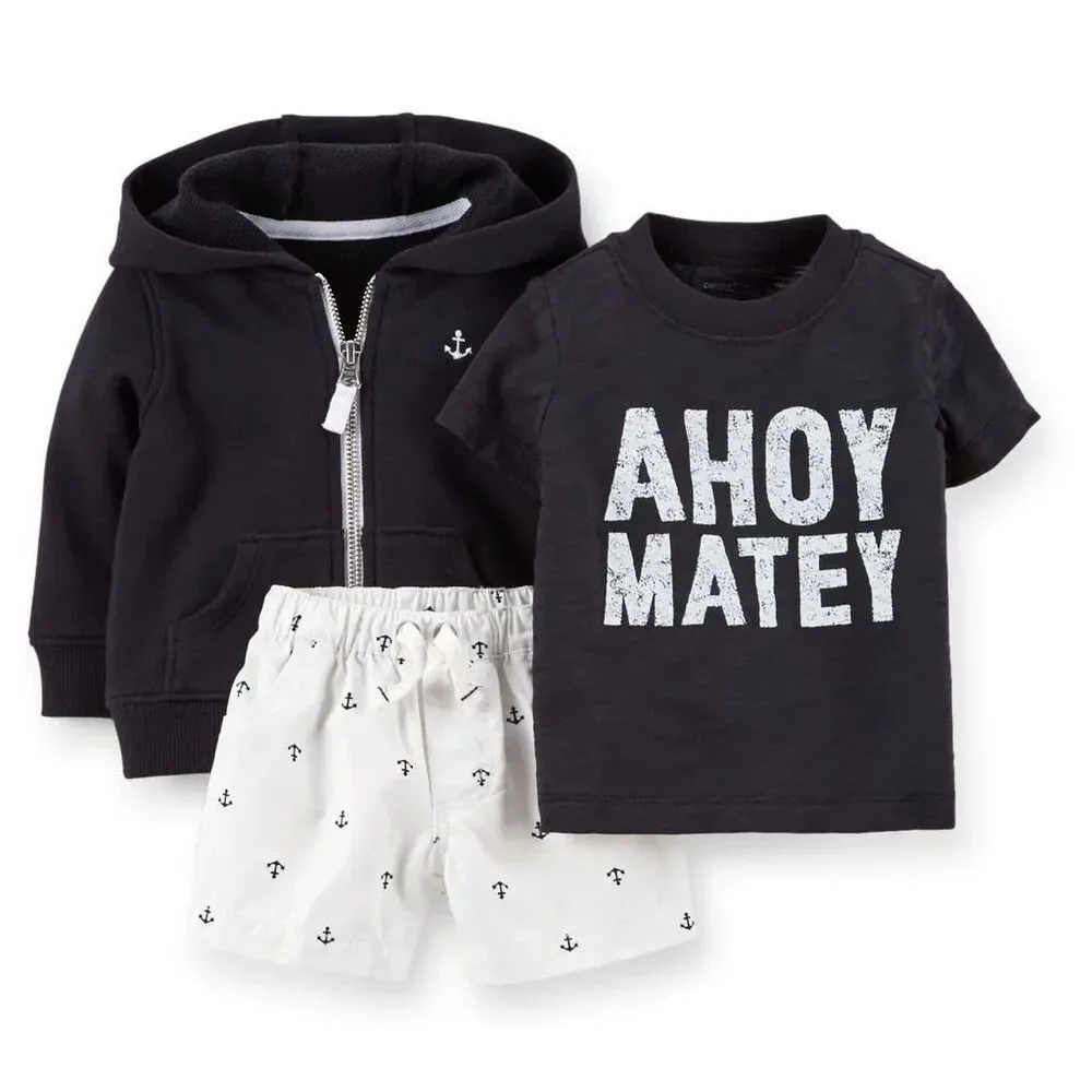 NWT Baby Boys Carters 3 Pc Ahoy Matey Anchot Shirt Shorts & Hoodie Set - Sz 6 mo
